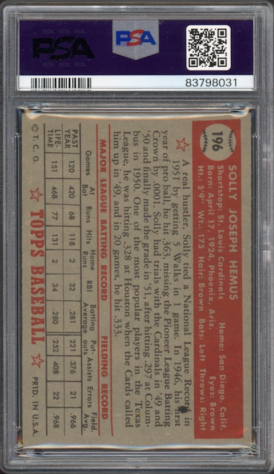 1952 Topps #196 Solly Hemus PSA NM 7