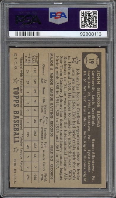 1952 Topps #19 Johnny Bucha Black Back PSA VG-EX 4