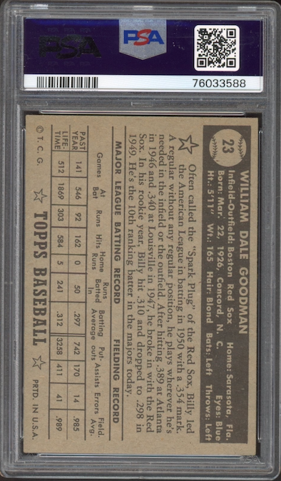 1952 Topps #23 Billy Goodman Black Back PSA EX+ 5.5
