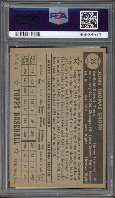 1952 Topps #25 Johnny Groth Black Back PSA EX 5
