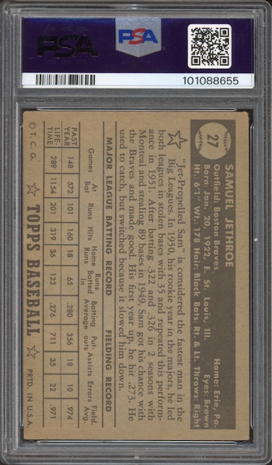 1952 Topps #27 Sam Jethroe Black Back PSA VG 3