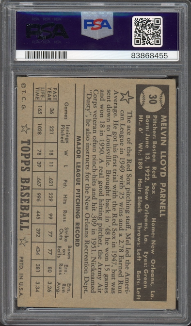 1952 Topps #30 Mel Parnell Black Back PSA VG-EX 4