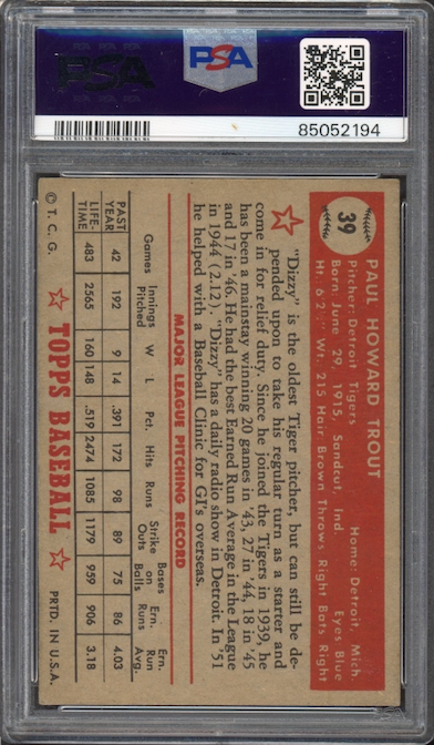 1952 Topps #39 Dizzy Trout PSA EX-MT 6
