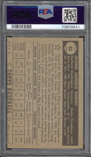 1952 Topps #40 Irv Noren Black Back PSA EX 5
