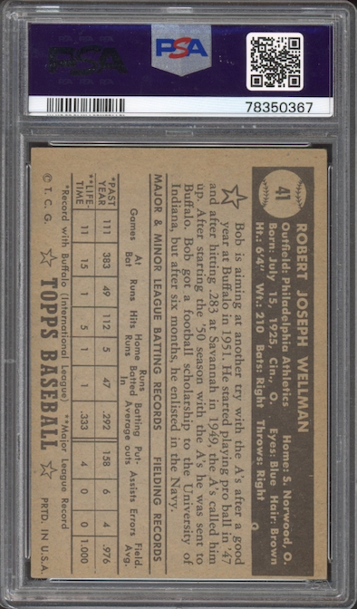 1952 Topps #41 Bob Wellman Black Back PSA EX 5