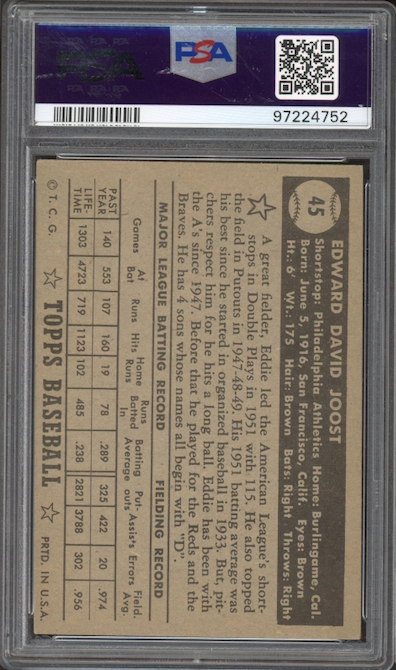 1952 Topps #45 Eddie Joost Black Back PSA EX-MT 6