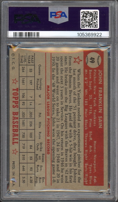 1952 Topps #49 Johnny Sain Correct Bio PSA VG-EX 4