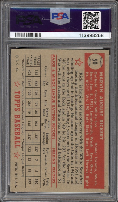 1952 Topps #50 Marv Rickert PSA VG-EX 4