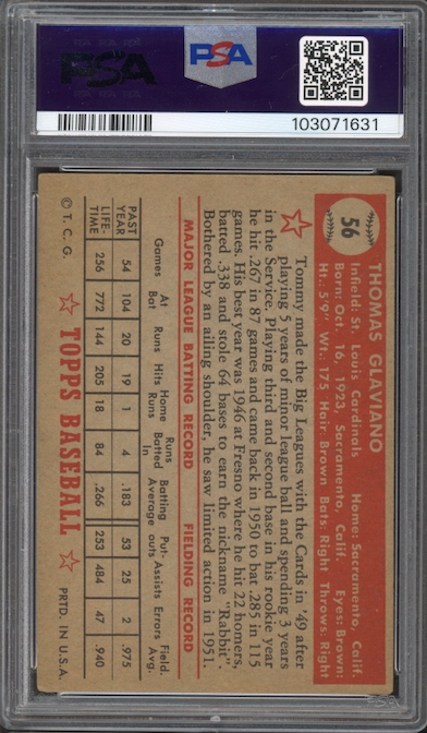1952 Topps #56 Tommy Glaviano PSA VG-EX+ 4.5