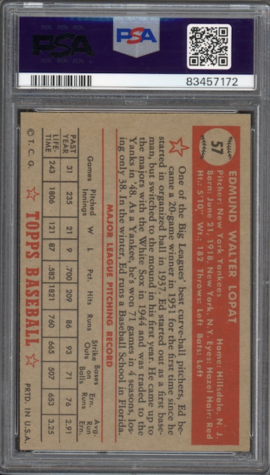 1952 Topps #57 Ed Lopat PSA EX+ 5.5