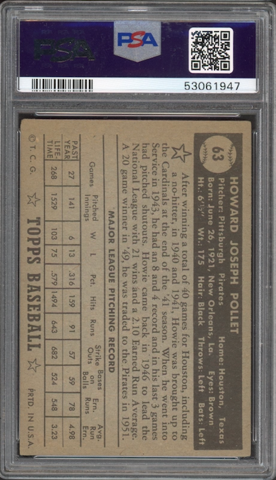 1952 Topps #63 Howie Pollet Black Back PSA VG-EX 4