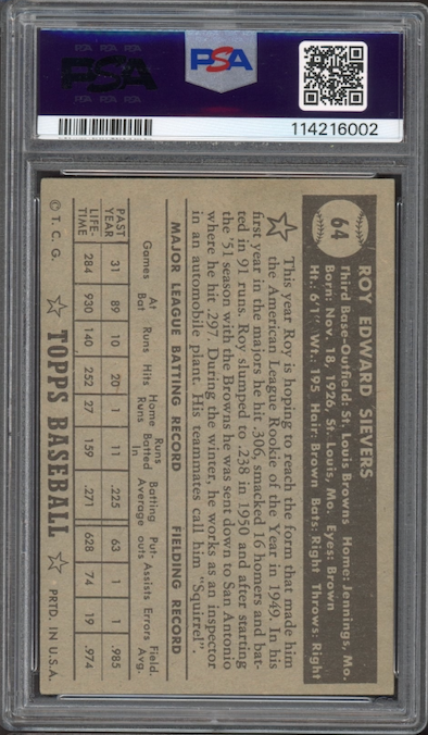 1952 Topps #64 Roy Sievers Black Back PSA VG-EX 4