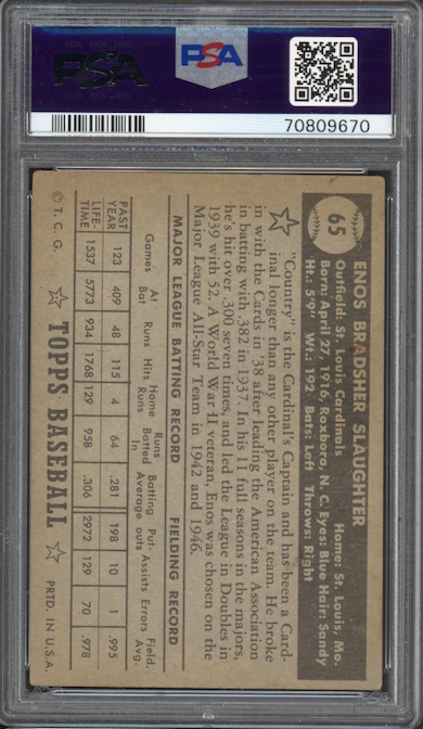 1952 Topps #65 Enos Slaughter Black Back PSA VG 3
