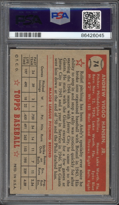 1952 Topps #74 Andy Hansen PSA EX 5