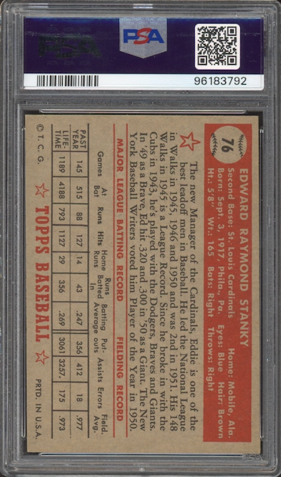 1952 Topps #76 Eddie Stanky PSA EX-MT 6