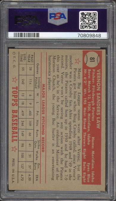1952 Topps #81 Vernon Law PSA EX-MT 6