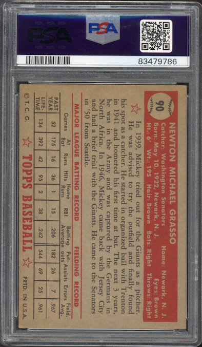 1952 Topps #90 Mickey Grasso PSA EX-MT 6