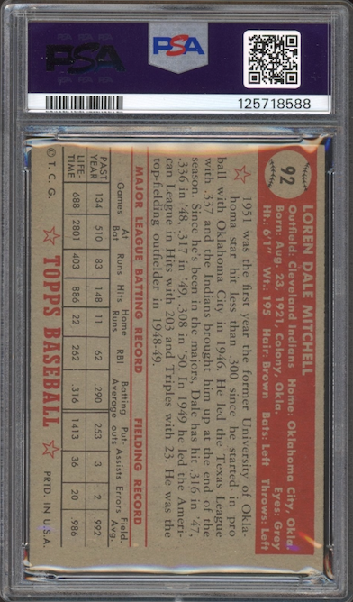 1952 Topps #92 Dale Mitchell PSA EX-MT 6