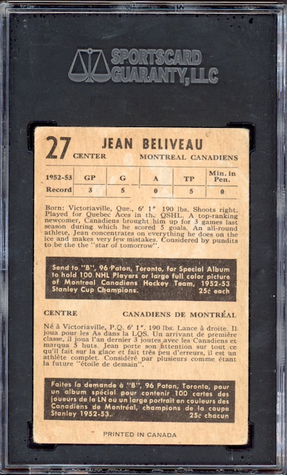 1953 Parkhurst #27 Jean Beliveau ROOKIE SGC VG 40