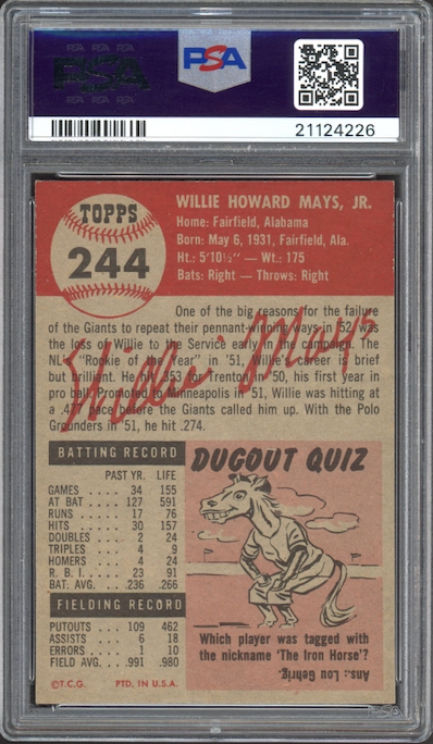1953 Topps #244 Willie Mays PSA NM-MT 8