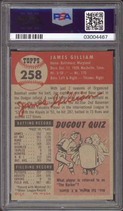 1953 Topps #258 Jim Gilliam ROOKIE PSA NM-MT 8