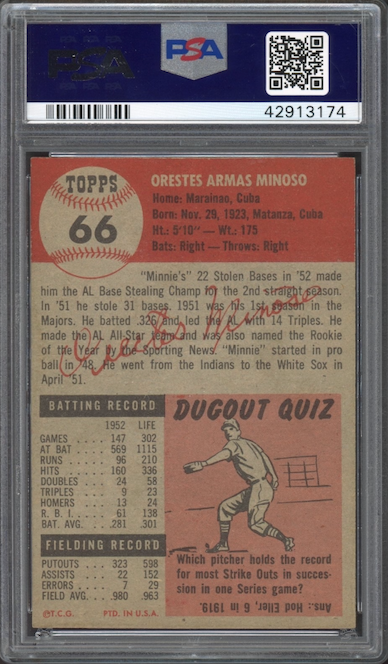 1953 Topps #66 Minnie Minoso PSA MINT 9