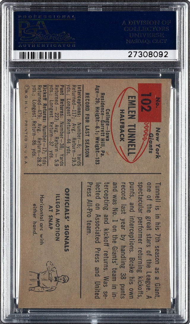 1954 Bowman #102 Emlen Tunnell PSA MINT 9