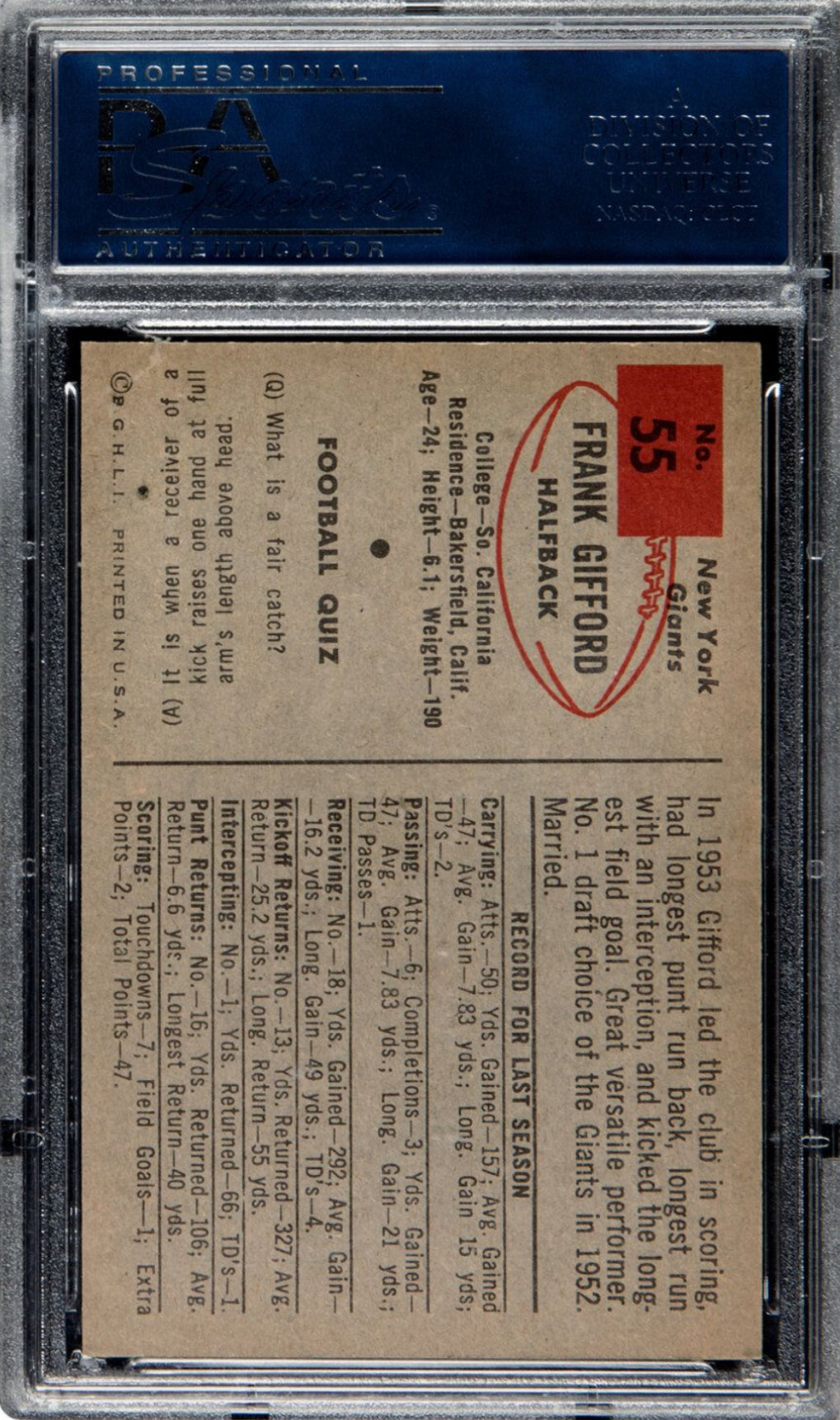 1954 Bowman #55 Frank Gifford PSA MINT 9