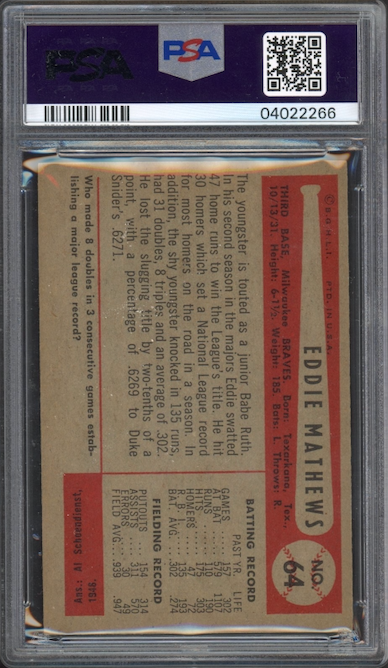 1954 Bowman #64 Ed Mathews PSA MINT 9
