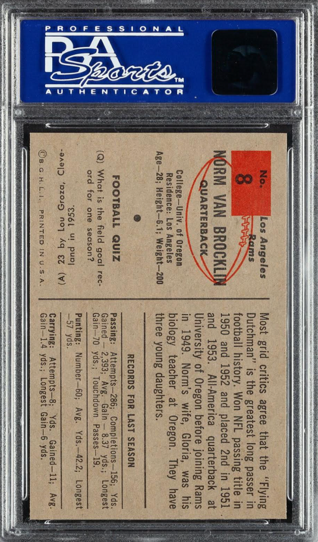 1954 Bowman #8 Norm Van Brocklin PSA 9