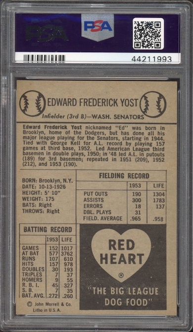 1954 Red Heart Eddie Yost PSA MINT 9