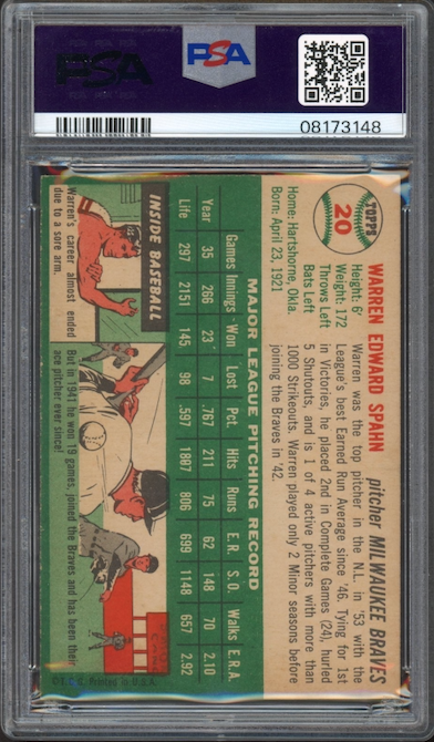 1954 Topps #20 Warren Spahn PSA NM-MT 8
