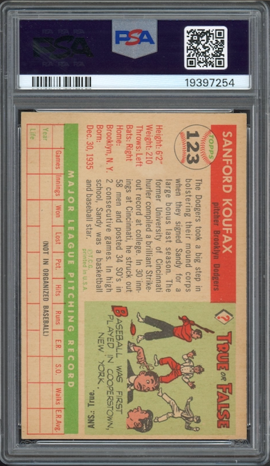 1955 Topps #123 Sandy Koufax ROOKIE PSA VG-EX 4