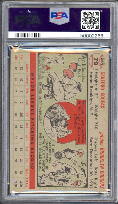 1956 Topps #79 Sandy Koufax Gray Back PSA MINT 9