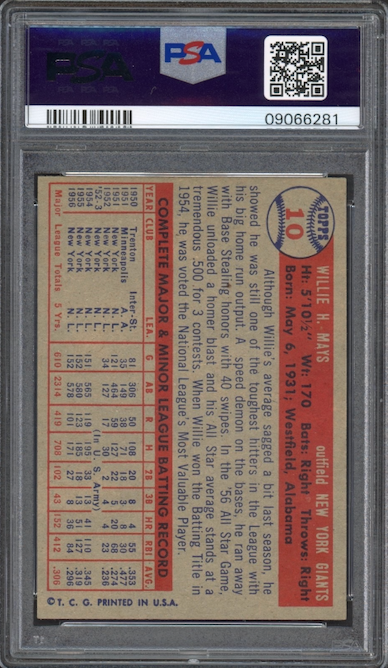 1957 Topps #10 Willie Mays PSA NM-MT 8