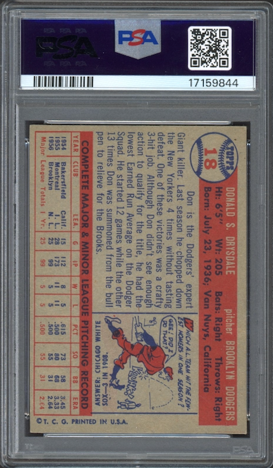 1957 Topps #18 Don Drysdale ROOKIE PSA NM-MT+ 8.5