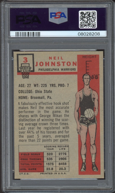 1957 Topps #3 Neil Johnston ROOKIE PSA NM-MT 8