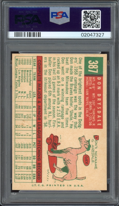 1959 Topps #387 Don Drysdale PSA MINT 9