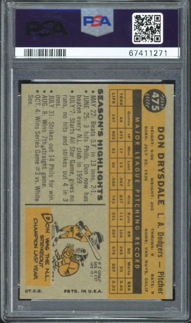 1960 Topps #475 Don Drysdale PSA MINT 9