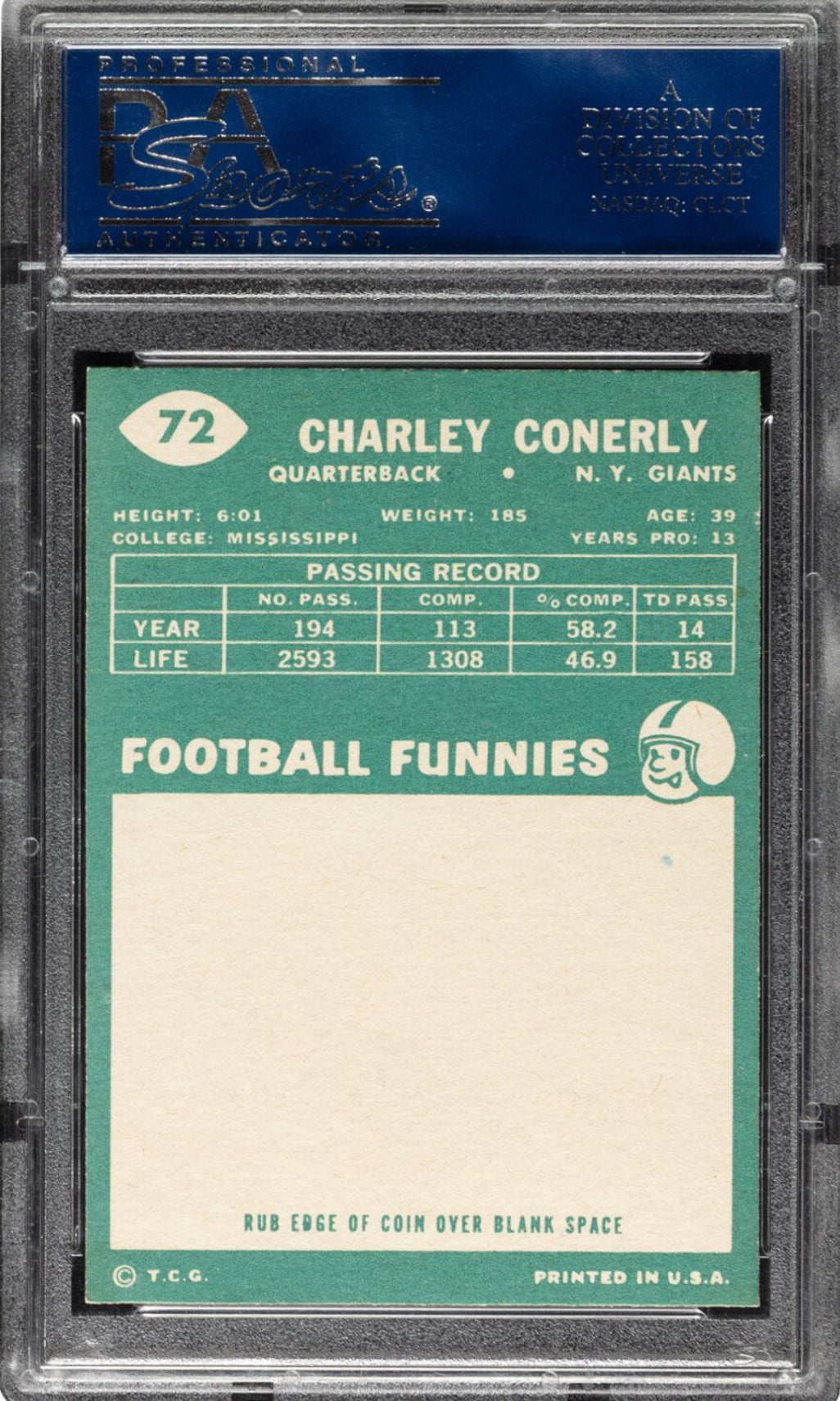 1960 Topps #72 Charley Conerly PSA MINT 9