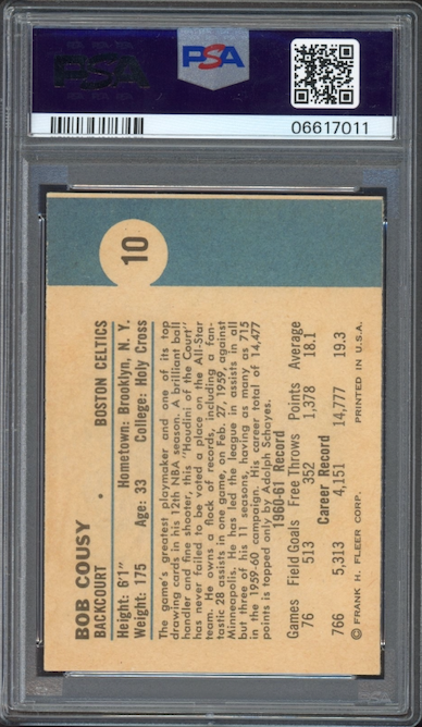 1961 Fleer #10 Bob Cousy PSA MINT 9