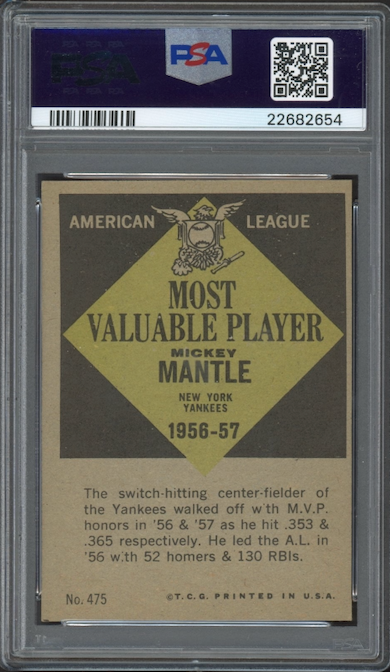 1961 Topps #475 Mickey Mantle MVP PSA NM-MT 8