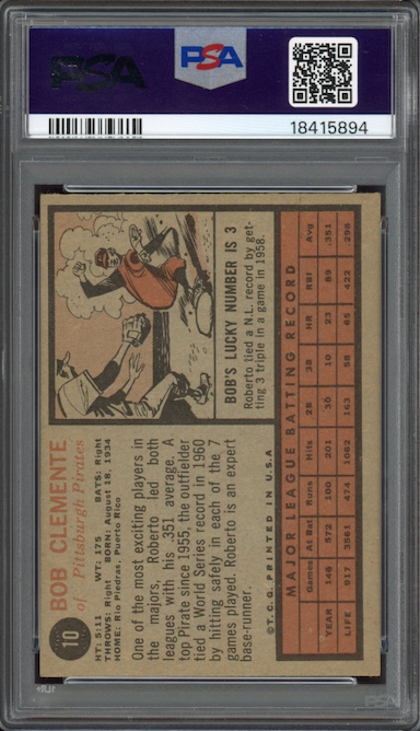 1962 Topps #10 Bob (Roberto) Clemente PSA NM-MT 8
