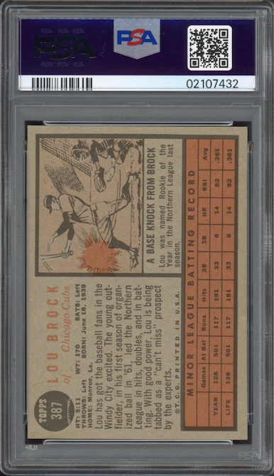 1962 Topps #387 Lou Brock Star ROOKIE PSA NM-MT 8