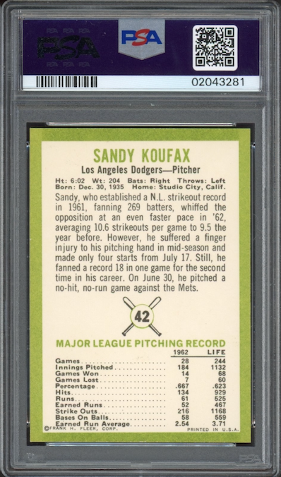 1963 Fleer #42 Sandy Koufax PSA NM-MT 8