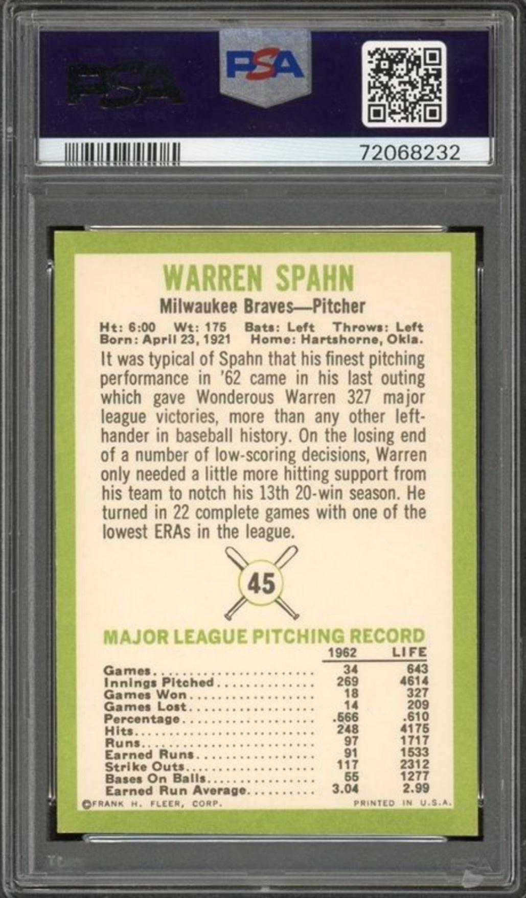 1963 Fleer #45 Warren Spahn PSA MINT 9