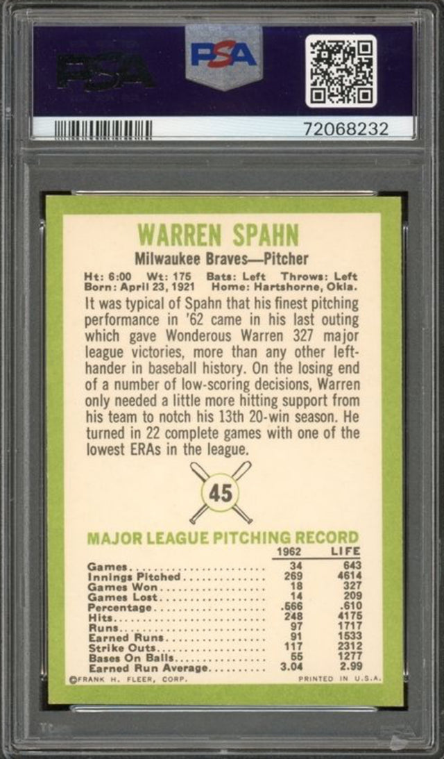 1963 Fleer #45 Warren Spahn PSA MINT 9
