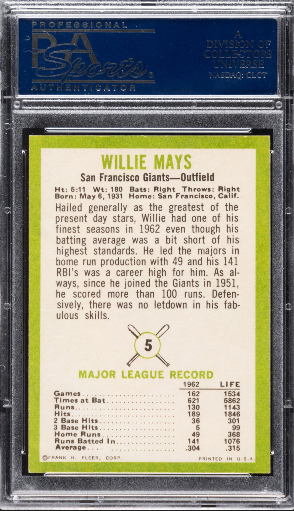 1963 Fleer #5 Willie Mays PSA 9