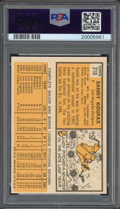 1963 Topps #210 Sandy Koufax PSA NM-MT 8