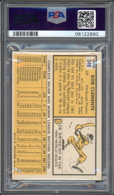 1963 Topps #540 Bob (Roberto) Clemente PSA MINT 9
